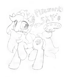 Size: 1764x2101 | Tagged: safe, artist:fireworks sea, derpibooru import, oc, oc:fireworks sky, earth pony, pony, monochrome, solo, traditional art