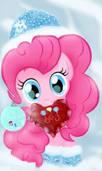 Size: 2893x4844 | Tagged: safe, artist:joycat, derpibooru import, pinkie pie, pony, christmas ornament, cute, decoration, diapinkes, heart, heart pillow, looking at you, mouth hold, pillow, snow cap, solo