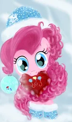 Size: 2893x4844 | Tagged: safe, alternate version, artist:joycat, derpibooru import, pinkie pie, pony, christmas ornament, decoration, heart, heart pillow, mouth hold, pillow, snow cap, solo