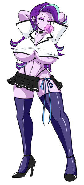 Size: 1323x2910 | Tagged: artist:reiduran, big breasts, bimbo, bow, braless, breasts, bubblegum, busty starlight glimmer, choker, cleavage, clothes, derpibooru import, erect nipples, eyeshadow, female, food, gum, high heels, huge breasts, human, humanized, lipstick, makeup, microskirt, miniskirt, nipple piercing, nipples, nudity, panties, partial nudity, piercing, pleated skirt, questionable, shoes, simple background, skirt, socks, solo, starlight glimmer, stockings, thigh highs, thighs, thong, underboob, undernipple, underwear, white background