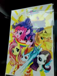 Size: 3024x4032 | Tagged: artist needed, safe, derpibooru import, applejack, fluttershy, pinkie pie, princess celestia, princess luna, rainbow dash, rarity, spike, twilight sparkle, alicorn, earth pony, pegasus, pony, unicorn, abstract background, flying, mane seven, mane six, photo, rainbow trail, sonic rainboom, spread wings, sun, wings