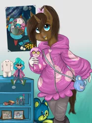 Size: 1024x1366 | Tagged: safe, artist:zsnowfilez, derpibooru import, oc, oc:chocolate frostheart, anthro, unicorn, clothes, female, hoodie, mare, solo