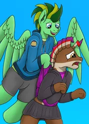 Size: 3024x4213 | Tagged: suggestive, artist:tacomytaco, derpibooru import, oc, oc:dynaklyk, oc:taco.m.tacoson, unofficial characters only, dinosaur, pegasus, pony, velociraptor, bipedal, clothes, crossdressing, flying, gradient background, hoodie, male, miniskirt, pain, panties, shorts, skirt, spread wings, underwear, wedgie, wings