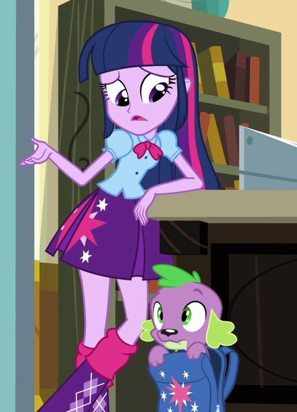 Size: 594x824 | Tagged: safe, derpibooru import, screencap, spike, twilight sparkle, twilight sparkle (alicorn), alicorn, dog, equestria girls, equestria girls (movie), backpack, clothes, cropped, cute, female, image, jpeg, leg warmers, legs, male, paws, pleated skirt, skirt, spike the dog