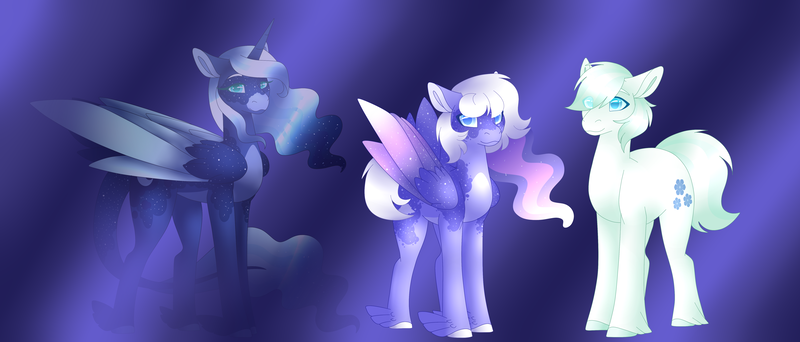 Size: 5845x2500 | Tagged: safe, artist:clay-bae, derpibooru import, double diamond, princess luna, oc, oc:midnight muse, pegasus, pony, alternate design, male, offspring, parent:double diamond, parent:princess luna, parents:lunadiamond, stallion