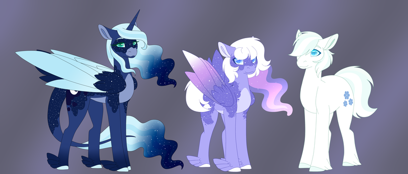 Size: 5845x2500 | Tagged: safe, alternate version, artist:clay-bae, derpibooru import, double diamond, princess luna, oc, oc:midnight muse, pegasus, pony, alternate design, high res, male, offspring, parent:double diamond, parent:princess luna, parents:lunadiamond, stallion