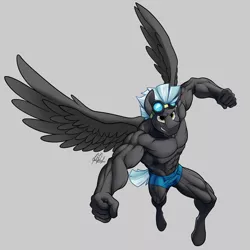 Size: 2048x2048 | Tagged: abs, anthro, armpits, artist:ponyanony, biceps, clenched fist, clothes, deltoids, derpibooru import, goggles, gray background, looking up, male, muscles, partial nudity, pecs, pegasus, pose, simple background, solo, solo male, stallion, stupid sexy thunderlane, suggestive, thighs, thunderlane, thunder thighs, topless, underwear, unguligrade anthro