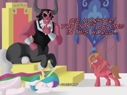 Size: 1067x800 | Tagged: safe, artist:crispokefan, derpibooru import, lord tirek, princess celestia, oc, oc:pun, alicorn, earth pony, pony, ask pun, ask, castlevania, castlevania: symphony of the night, confused, facehoof, female, hoof hold, male, mare, reference, richter belmont, whip