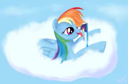 Size: 3025x1983 | Tagged: safe, artist:joycat, derpibooru import, rainbow dash, pegasus, pony, cloud, female, folded wings, licking, lying, mare, on a cloud, sky, tongue out, wings