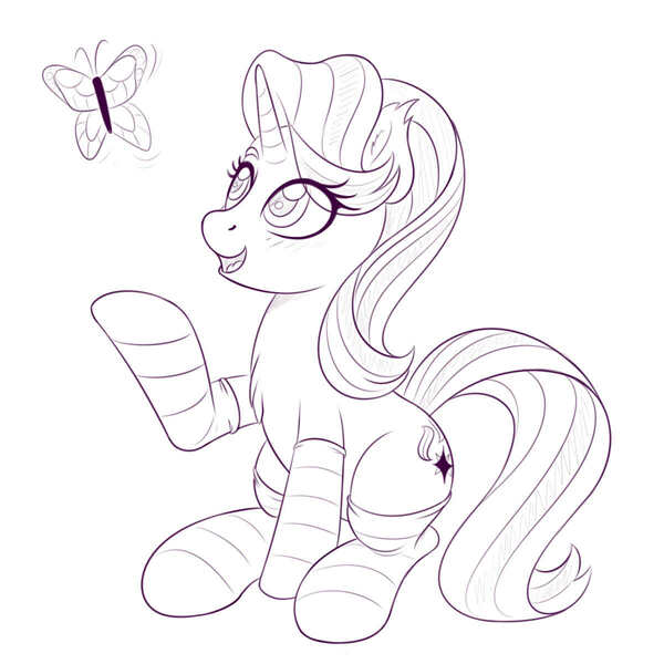 Size: 1200x1200 | Tagged: safe, artist:ziemniax, derpibooru import, starlight glimmer, butterfly, pony, unicorn, chest fluff, clothes, eye clipping through hair, sitting, sketch, socks, solo, striped socks