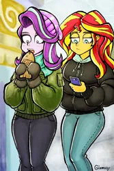 Size: 640x960 | Tagged: safe, artist:glomasy, derpibooru import, starlight glimmer, sunset shimmer, fish, equestria girls, beanie, bread, clothes, eating, female, food, hat, hoodie, jacket, mittens, open mouth, scarf, taiyaki, winter