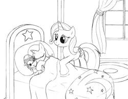 Size: 1197x925 | Tagged: safe, artist:blazelupine, derpibooru import, daring do, trixie, oc, oc:stardust, pony, unicorn, bed, bedroom, carpet, duo, female, filly, monochrome, mother and child, mother and daughter, offspring, parent:oc:pickles, parent:trixie, parents:canon x oc, parents:trikles, pillow, plushie, room, simple background, sleeping, traditional art, white background, window