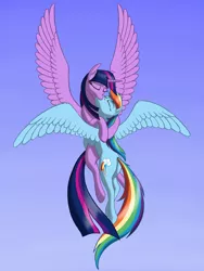 Size: 1500x2000 | Tagged: safe, artist:nebulastar985, derpibooru import, rainbow dash, twilight sparkle, twilight sparkle (alicorn), alicorn, pegasus, pony, duo, female, flying, kissing, lesbian, mare, shipping, sky, spread wings, twidash, wings