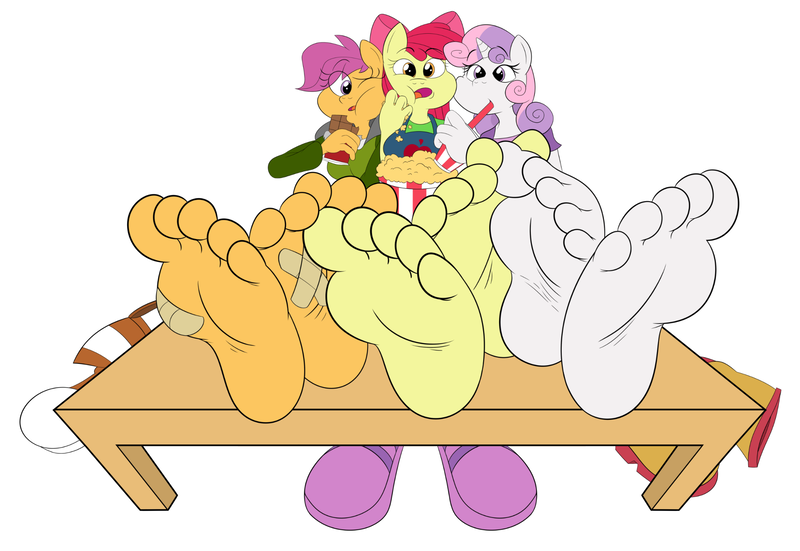 Size: 2421x1668 | Tagged: safe, artist:superyogtendo, derpibooru import, apple bloom, scootaloo, sweetie belle, anthro, earth pony, pegasus, unicorn, barefoot, breasts, busty apple bloom, busty scootaloo, chocolate, clothes, cutie mark crusaders, drink, feet, feet on table, fetish, food, foot fetish, foot focus, footsie, interlocking toes, older, older apple bloom, older scootaloo, older sweetie belle, popcorn, shoes, shoes off, simple background, soles, toes, white background