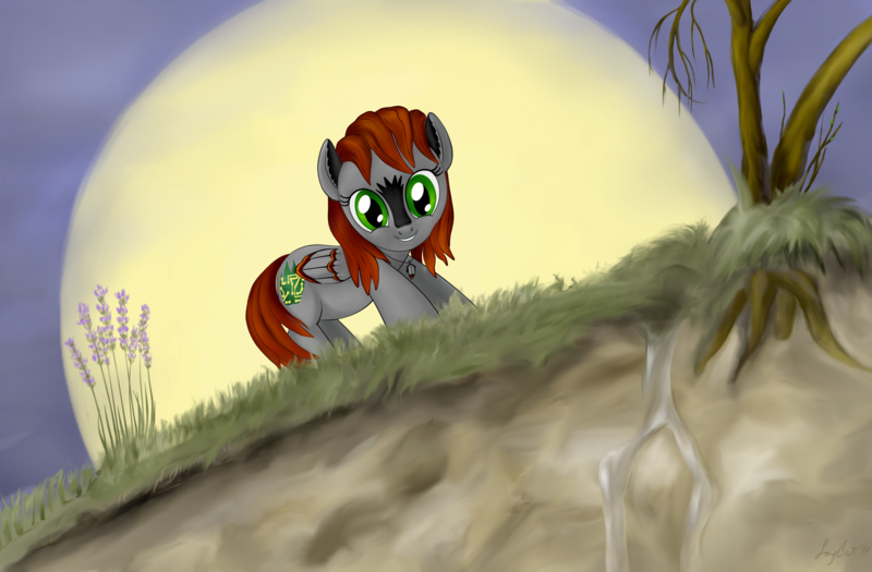 Size: 4409x2893 | Tagged: safe, artist:joycat, derpibooru import, oc, pegasus, pony, female, flower, high res, mare, moon, solo