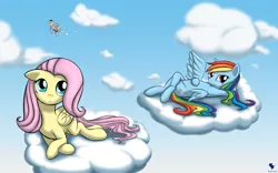 Size: 1680x1050 | Tagged: safe, artist:renatethepony, derpibooru import, derpy hooves, fluttershy, rainbow dash, pegasus, pony, cloud, cute, female, lying, mail, mailmare, mare, on a cloud, spread wings, wings