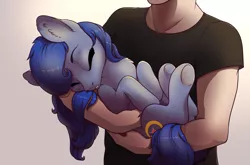 Size: 1300x859 | Tagged: safe, artist:28gooddays, derpibooru import, oc, oc:shadow blue, unofficial characters only, human, pony, commission, holding a pony, size difference, sleeping, solo, ych result