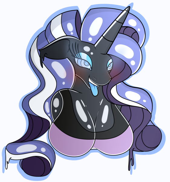 Size: 4928x5248 | Tagged: questionable, artist:skyspeardraw, derpibooru import, nightmare rarity, oc, oc:léa, anthro, goo, breasts, busty nightmare rarity, corrupted, female, horny, human to anthro, latex, rubber, simple background, slime, symbiote, tongue out, transformation, transparent background