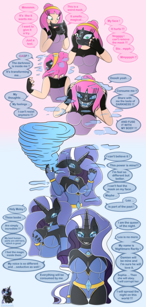 Size: 6596x13784 | Tagged: anthro, artist:skyspeardraw, breasts, comic, derpibooru import, fangs, human, human to anthro, mask, nightmare rarity, oc, oc:léa, possession, questionable, sequence, the mask, the mask of loki, transformation, transformation sequence