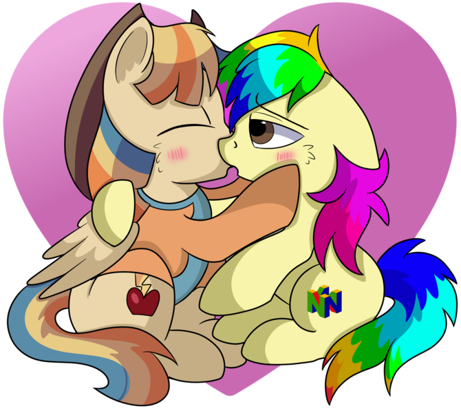 Size: 1280x1147 | Tagged: safe, artist:rainbowtashie, derpibooru import, oc, oc:rainbow tashie, oc:spicy cider, unofficial characters only, earth pony, pegasus, blushing, clothes, commissioner:bigonionbean, cowboy hat, cute, cute couple, cutie mark, eyes closed, female, fusion, fusion:spicy cider, hat, jumpsuit, kissing, male, mare, nintendo 64, romantic, simple background, stallion, transparent background