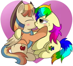 Size: 1280x1147 | Tagged: safe, artist:rainbowtashie, derpibooru import, oc, oc:rainbow tashie, oc:spicy cider, unofficial characters only, earth pony, pegasus, blushing, clothes, commissioner:bigonionbean, cowboy hat, cute, cute couple, cutie mark, eyes closed, female, fusion, fusion:spicy cider, hat, jumpsuit, kissing, male, mare, nintendo 64, romantic, simple background, stallion, transparent background