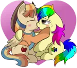 Size: 1280x1147 | Tagged: safe, artist:rainbowtashie, derpibooru import, oc, oc:rainbow tashie, oc:spicy cider, unofficial characters only, earth pony, pegasus, blushing, clothes, commissioner:bigonionbean, cowboy hat, cute, cute couple, cutie mark, eyes closed, female, fusion, fusion:spicy cider, hat, jumpsuit, kissing, male, mare, nintendo 64, romantic, simple background, stallion, transparent background