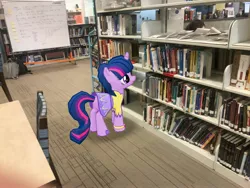 Size: 4032x3024 | Tagged: safe, derpibooru import, photographer:undeadponysoldier, twilight sparkle, twilight sparkle (alicorn), alicorn, pony, augmented reality, book, bookshelf, chair, clothes, drawing board, dress, female, gameloft, high school, irl, library, mare, photo, ponies in real life, school, skirt, solo, table, technically an upskirt shot, that pony sure does love books, watauga high school