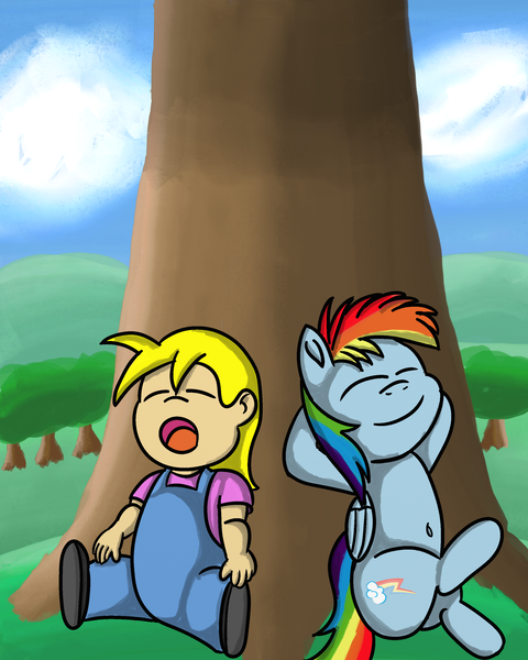 Size: 2400x3000 | Tagged: safe, artist:saburodaimando, derpibooru import, rainbow dash, oc, oc:wanda young, human, pegasus, pony, belly button, child, crossed hooves, cute, female, filly, filly rainbow dash, sleeping, younger