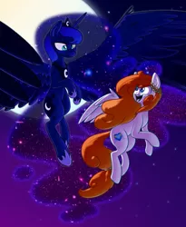 Size: 1638x1998 | Tagged: safe, artist:victoreach, derpibooru import, princess luna, oc, alicorn, pegasus, pony, duo, female, flying, full moon, looking at each other, mare, moon, night, smiling, spread wings, wings