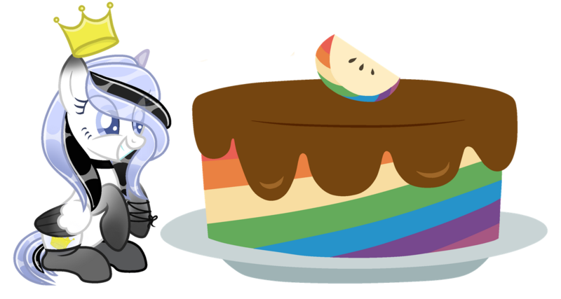 Size: 1280x683 | Tagged: safe, artist:b-l-ue, derpibooru import, oc, oc:princess victoria, alicorn, pony, cake, crown, female, food, jewelry, mare, regalia, simple background, solo, transparent background, zap apple cake