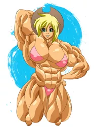 Size: 600x800 | Tagged: abs, applebucking thighs, applejack, applejacked, applejack's hat, arm behind head, armpits, artist:siegfried129, biceps, big breasts, bikini, bodybuilder, breasts, busty applejack, clothes, cowboy hat, deltoids, derpibooru import, female, fetish, hand on hip, hat, human, humanized, looking at you, muscle fetish, muscles, overdeveloped muscles, pecs, simple background, solo, solo female, suggestive, swimsuit, thighs, thunder thighs, triceps, white background