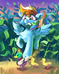 Size: 1280x1591 | Tagged: safe, artist:saxopi, derpibooru import, rainbow dash, bird, duck, pegasus, pony, duckling, female, mare, raised hoof, signature, surprised