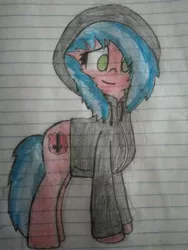 Size: 3456x4608 | Tagged: artist:flame starkly, clothes, cute, demon, demon pony, derpibooru import, female, gender swap potion, hoodie, lined paper, mare, missing wing, oc, oc:flame pepper, original species, paper, safe, solo, traditional art, unofficial characters only