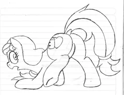 Size: 900x691 | Tagged: suggestive, artist:mdsk-rb, derpibooru import, oc, oc:cream heart, unofficial characters only, earth pony, pony, butt, dock, face down ass up, female, lined paper, mare, obtrusive watermark, plot, raised leg, rear view, sketch, solo, tailband, traditional art, underhoof, watermark