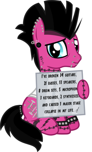 Size: 909x1498 | Tagged: safe, artist:lightningbolt, derpibooru import, oc, oc:punk dude, unofficial characters only, earth pony, bags under eyes, clothes, dyed mane, dyed tail, ear piercing, earring, eyeliner, hoof hold, jewelry, leg band, lidded eyes, lip piercing, looking at you, makeup, male, nose piercing, piercing, pony shaming, shirt, sign, simple background, sitting, solo, stallion, svg, .svg available, tail band, tattoo, transparent background, vector, wristband