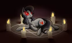 Size: 2200x1300 | Tagged: safe, artist:28gooddays, derpibooru import, oc, unofficial characters only, demon, demon pony, earth pony, original species, pony, candle, glowing eyes, magic, magic circle, pentagram, ritual, solo, summoning, summoning circle