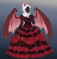 Size: 759x786 | Tagged: safe, artist:askbubblelee, derpibooru import, oc, unofficial characters only, anthro, bat pony, unguligrade anthro, abstract background, anthro oc, bat pony oc, bat wings, beautiful, brooch, clothes, cute, digital art, dress, evening gloves, eyelashes, eyes closed, eyeshadow, fangs, female, gloves, gown, lipstick, long gloves, makeup, mare, neck fluff, ocbetes, open mouth, shoulder fluff, singing, solo, wings