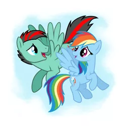 Size: 900x906 | Tagged: safe, artist:28gooddays, derpibooru import, rainbow dash, oc, oc:ray blaze, pegasus, pony, canon x oc, cute, female, flying, looking at each other, male, mare, shipping, simple background, stallion, straight