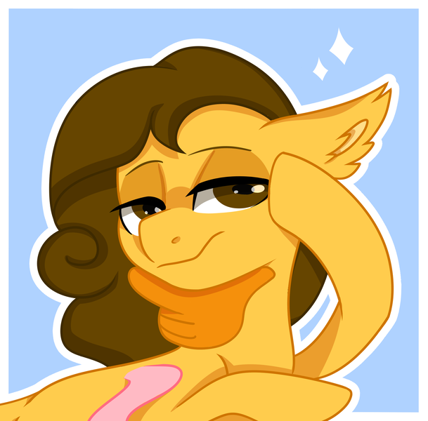 Size: 1676x1652 | Tagged: safe, artist:koloredkat, derpibooru import, oc, ponified, unofficial characters only, pegasus, pony, bust, ear fluff, emoji, female, mare, pegasus oc, smiling, thinking, thinking emoji, wings