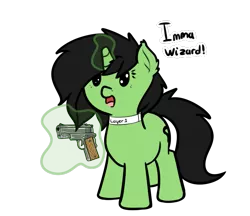 Size: 901x777 | Tagged: safe, artist:neuro, derpibooru import, oc, oc:anonfilly, unofficial characters only, unicorn, 1911, dialogue, female, filly, glowing horn, gun, gun wizard, handgun, horn, m1911, magic, magic aura, pistol, simple background, smiling, solo, text, transparent background, weapon