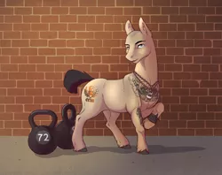 Size: 1280x1013 | Tagged: artist:28gooddays, bald, derpibooru import, dumbbell (object), male, oc, safe, solo, stallion, tattoo, unofficial characters only