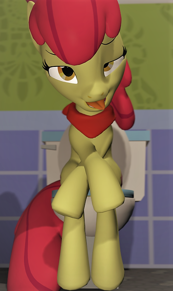 Size: 425x717 | Tagged: suggestive, artist:unknownface24, derpibooru import, apple bloom, earth pony, pony, 3d, ahegao, bathroom, but why, crossed legs, fetish, implied diarrhea, implied pooping, older, older apple bloom, open mouth, solo, toilet, tongue out