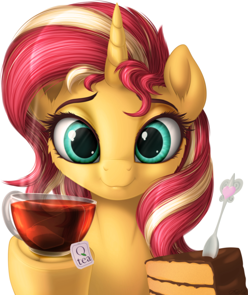 Size: 2123x2521 | Tagged: safe, artist:awalex, derpibooru import, sunset shimmer, pony, unicorn, cake, cute, digital art, female, food, looking at you, mare, pun, shimmerbetes, simple background, smiling, solo, spoon, tea, transparent background, underhoof, visual pun