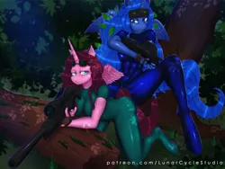 Size: 1024x768 | Tagged: abs, alicorn, alicorn oc, anthro, artist:yoye-wolfgrel, bodysuit, breasts, clothes, derpibooru import, fingerless gloves, forest, glasses, gloves, goggles, gun, horn, night vision goggles, oc, p90, princess luna, rifle, sniper rifle, suggestive, unguligrade anthro, weapon, wings