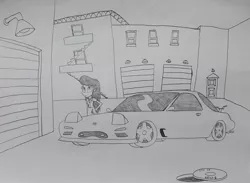 Size: 1614x1181 | Tagged: safe, artist:octascratchrock, derpibooru import, octavia melody, equestria girls, alley, building, car, clothes, grayscale, mazda, mazda rx-7, monochrome, solo, traditional art