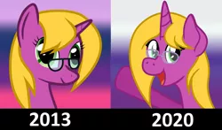 Size: 1358x800 | Tagged: safe, artist:brightstarclick, derpibooru import, oc, oc:bright star, pony, unicorn, 2013, 2020, bust, comparison, glasses, progression