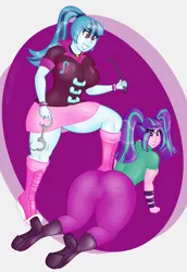 Size: 2200x3200 | Tagged: suggestive, artist:mrcakesboi, derpibooru import, aria blaze, sonata dusk, equestria girls, ariasub, arisona, arse-ia blaze, ass, boots, breasts, busty sonata dusk, butt, clothes, disguise, disguised siren, female, femdom, femsub, lesbian, lying down, shipping, shoes, sonatadom, standing, submissive, thick, thighs, thunder thighs