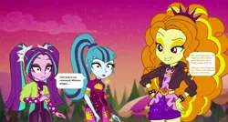 Size: 1304x697 | Tagged: safe, derpibooru import, edit, edited screencap, editor:thomasfan45, screencap, adagio dazzle, aria blaze, sonata dusk, human, equestria girls, equestria girls series, sunset's backstage pass!, spoiler:eqg series (season 2), 1000 hours in ms paint, adoragio, ariabetes, armlet, ascot, blank expression, blouse, bracelet, clothes, cute, description is relevant, disguise, disguised siren, eyeshadow, female, hands on hip, happy, headband, hypnosis, hypnotized, implied hypnosis, jacket, leather jacket, legs, makeup, mistress, obey, pants, pigtails, pinpoint eyes, polka dots, ponytail, shorts, smiling, smirk, solo, sonatabetes, speech bubble, spiked headband, spiked wristband, story included, taco dress, twintails, wristband
