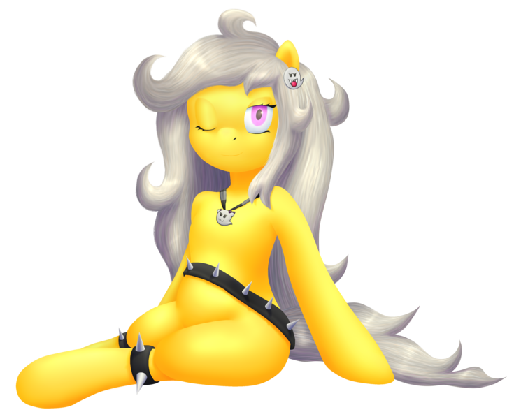 Size: 3703x3022 | Tagged: artist needed, safe, derpibooru import, oc, oc:spettra, oc:spokey, unofficial characters only, earth pony, ghost, ghost pony, pony, undead, blinking, brooch, female, jewelry, necklace, one eye closed, rule 63, simple background, spiked anklets, spiked belt, transparent background, wink