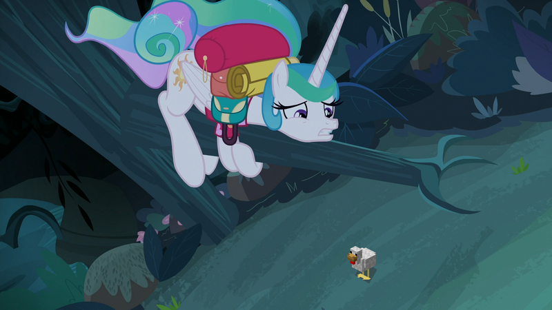 Size: 1920x1080 | Tagged: alektorophobia, alicorn, between dark and dawn, bird, chicken, derpibooru import, edit, edited screencap, looking down, minecraft, princess celestia, safe, screencap, sitting in a tree, that princess sure is afraid of chickens, tree, tree branch